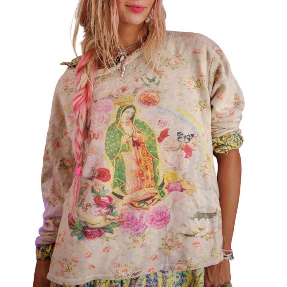 Magnolia Pearl Mother Mary Sweatshirt Distressed Floral‎ & Rainbow Graphics NWT